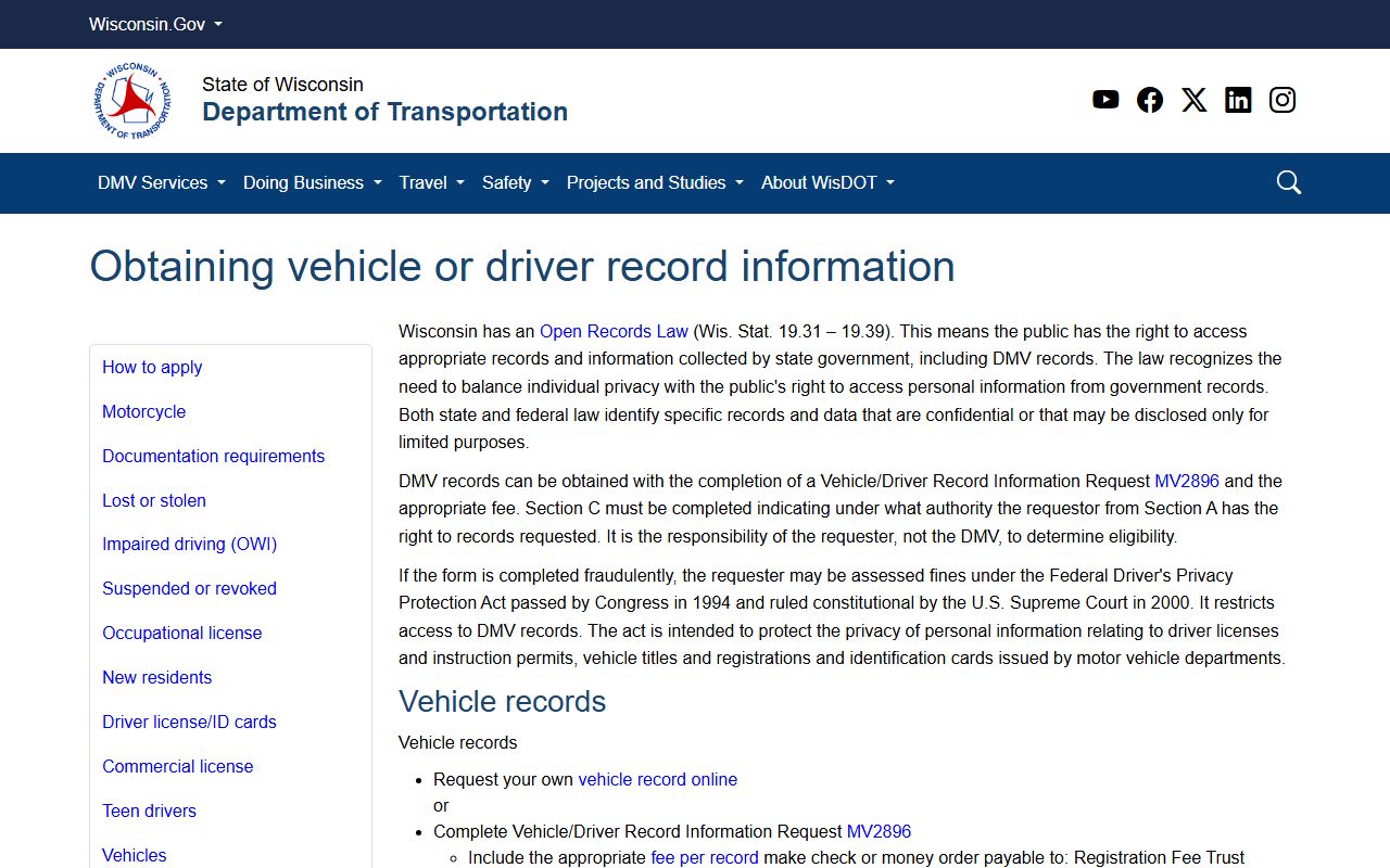Wisconsin traffic ticket records on the WisDOT driver records page